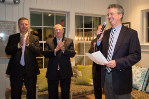 Tripp Sheehan addresses the crowd with (L-R) Mark Whalen, Needham Bank’s CEO, and Paul Totino, Needham Bank’s President.